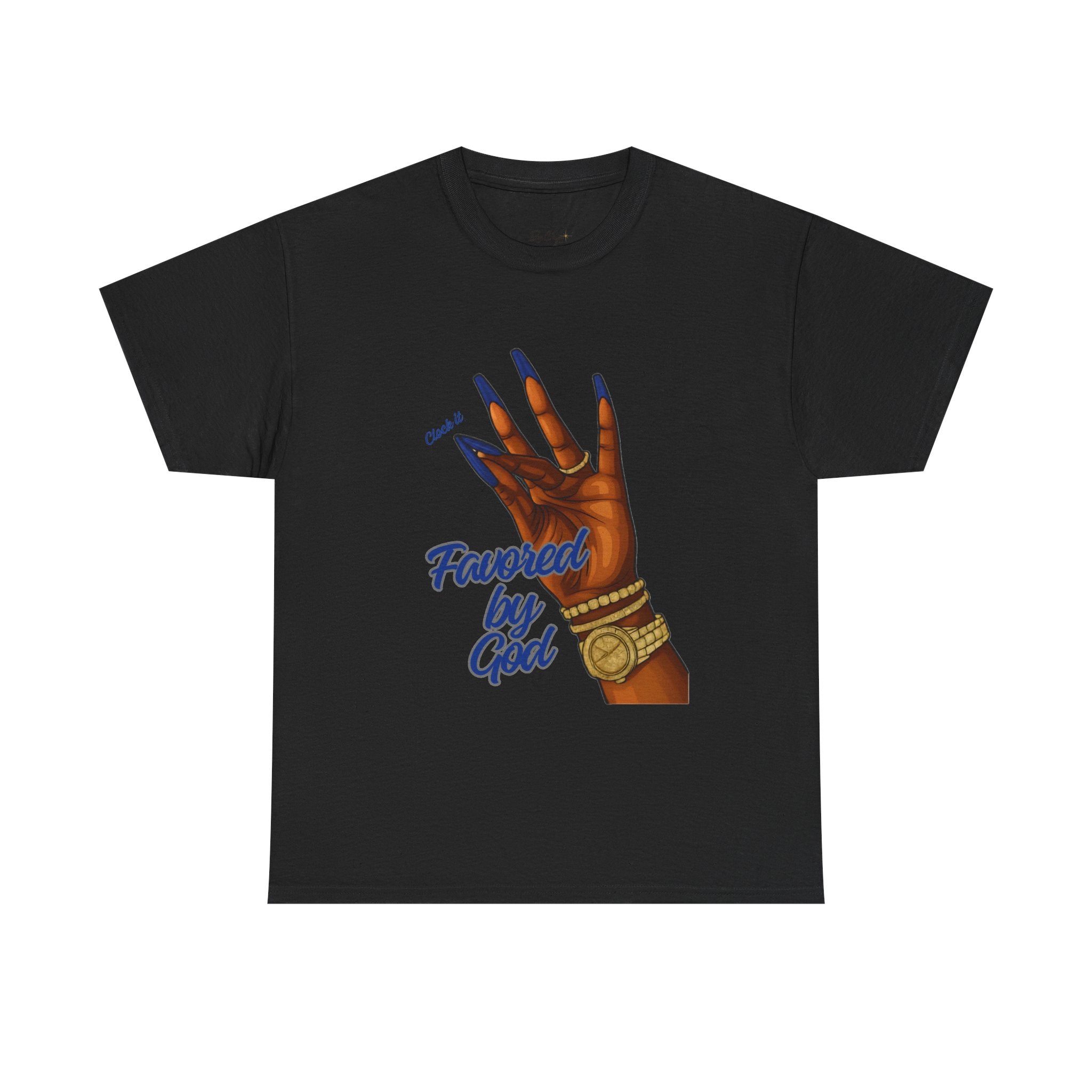 T-Shirt — "Favored by God" Clock-it Hand Graphic Tee